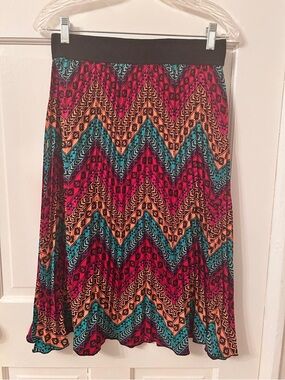 LuLaRoe Chevron Midi Skirt - Black Waistband, Pink/Teal/Orange Pattern